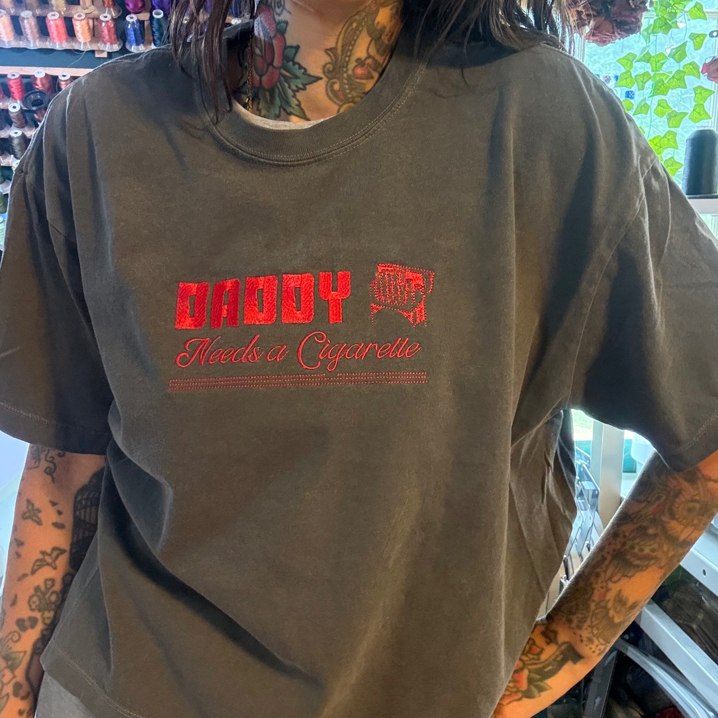 Daddy Needs A Cigarette Embroidered Unisex T-Shirt or Baby Tee
