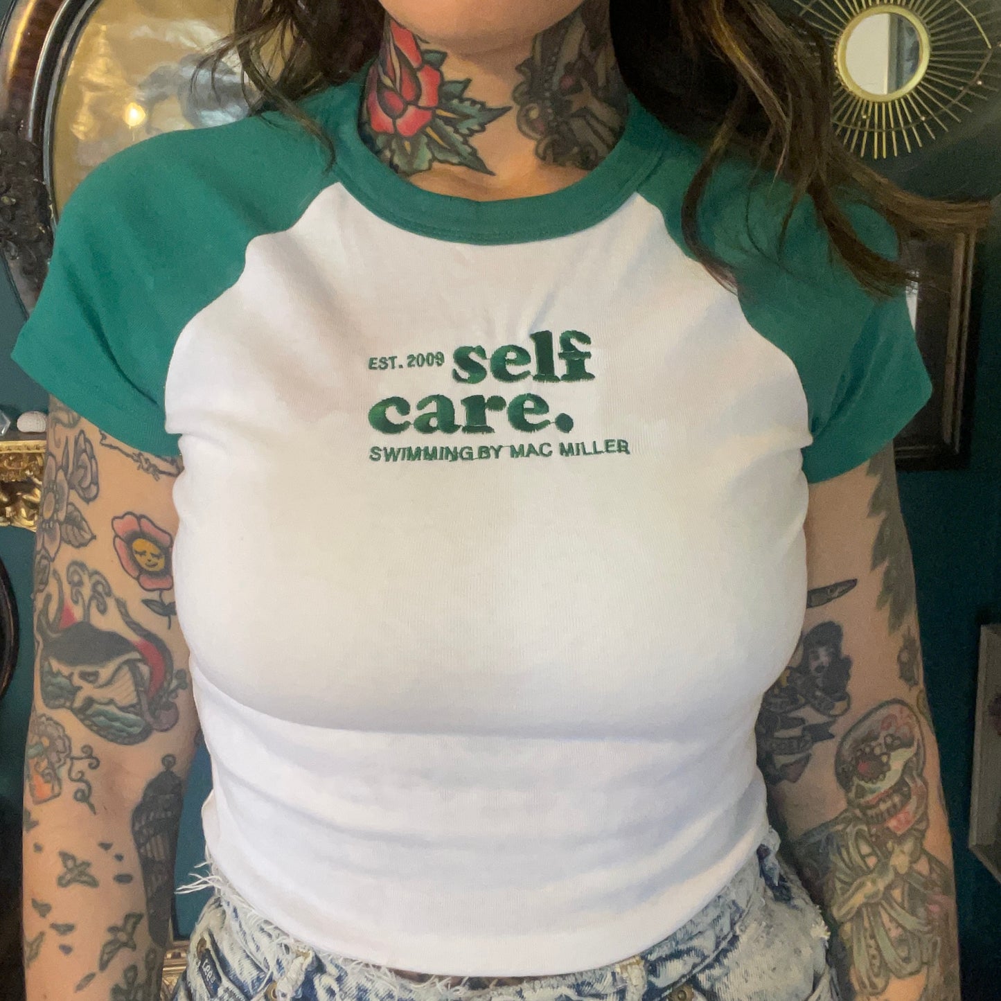 Green Embroidered Baby Doll Crop Top