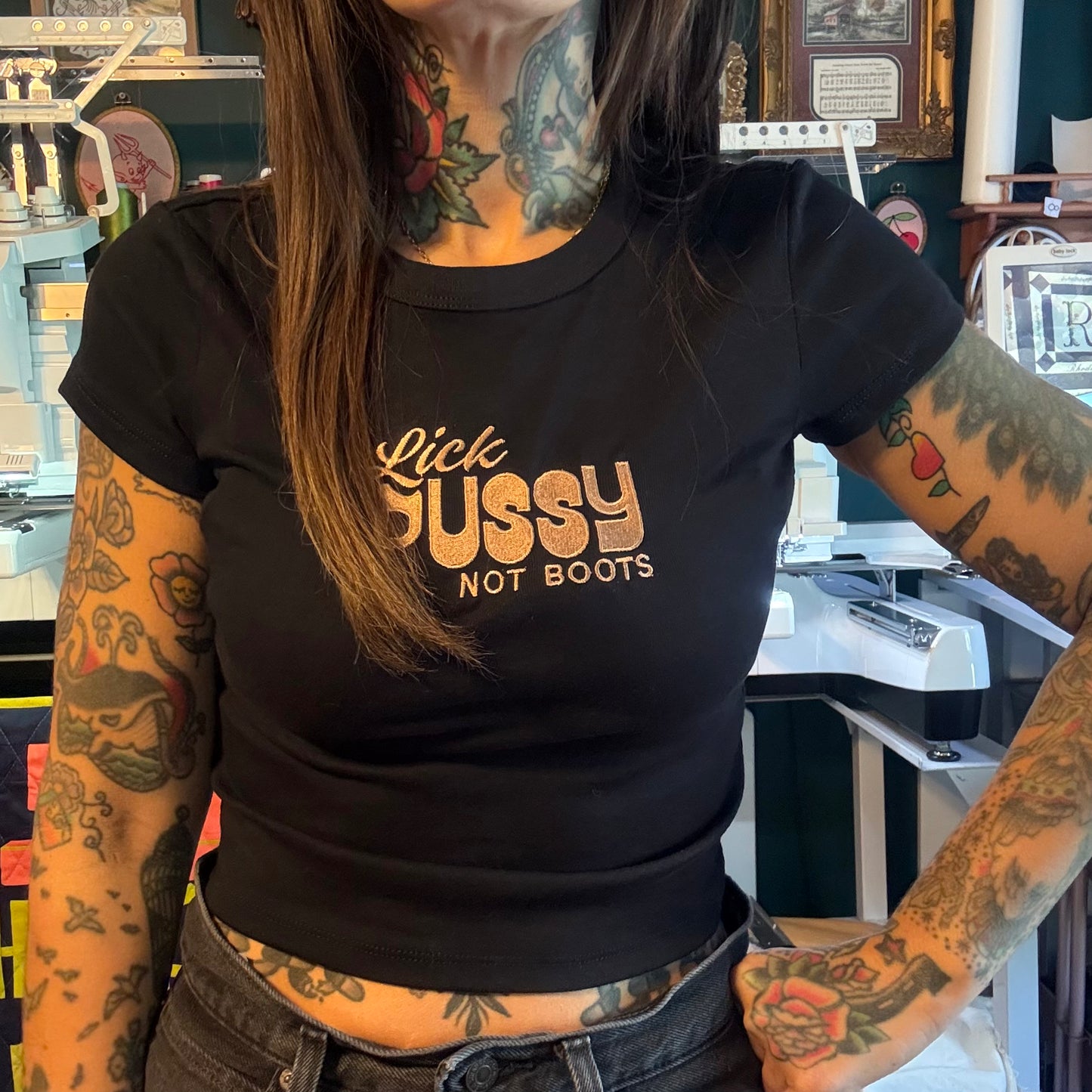 Lick Pussy Not Boots Embordered Unisex T-Shirt Or Baby Tee