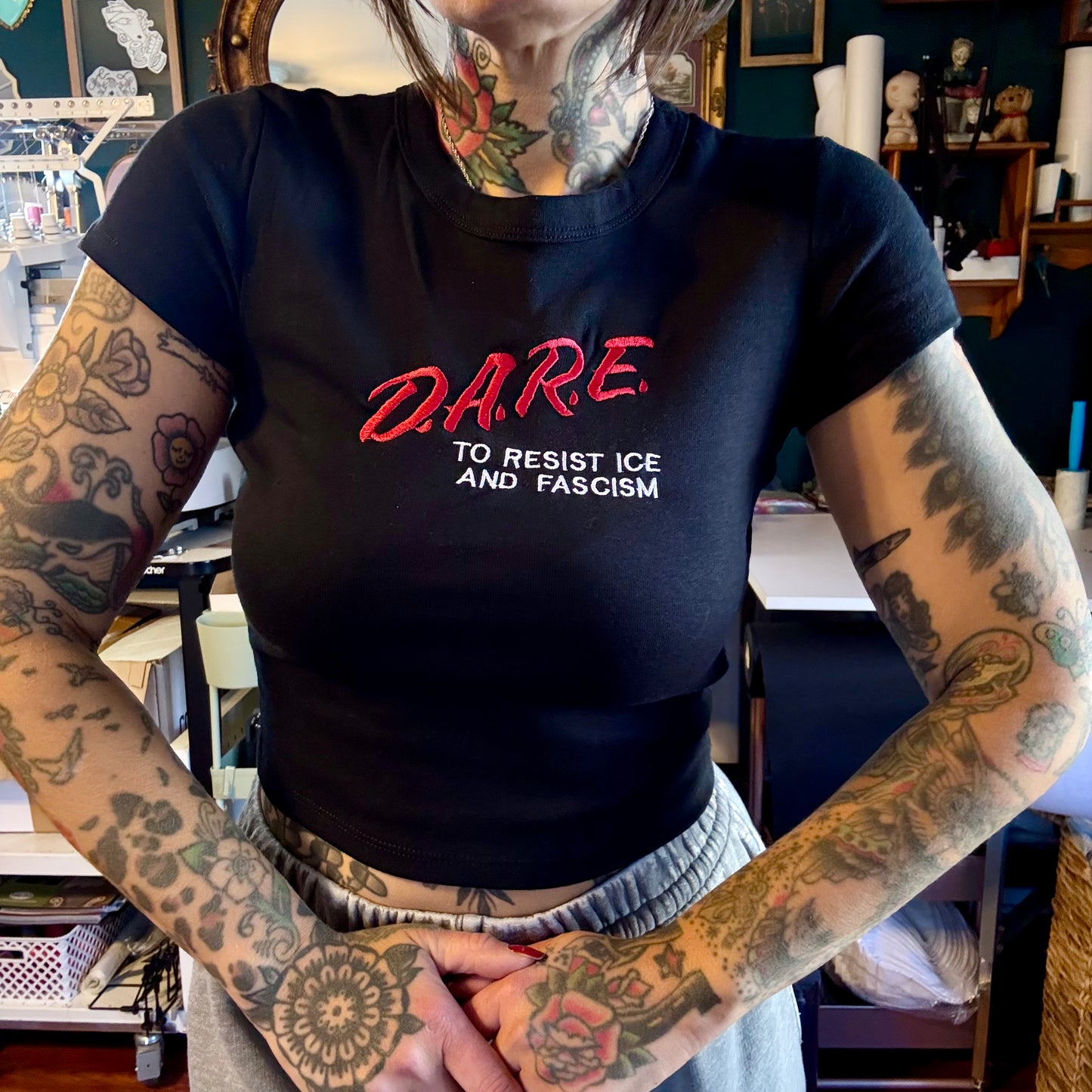 DARE To Resist ICE And Fascism Embroidered Unisex T-Shirt or Baby Tee