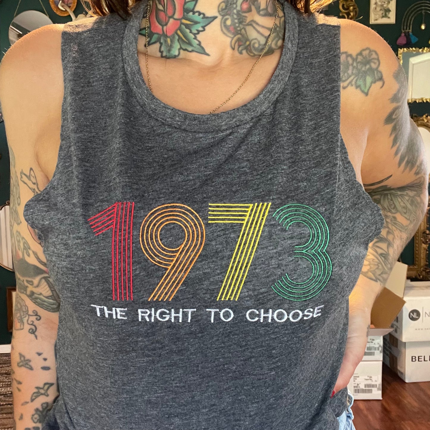 1973 The Right to Choose Embroidered Womens Muscle Tank