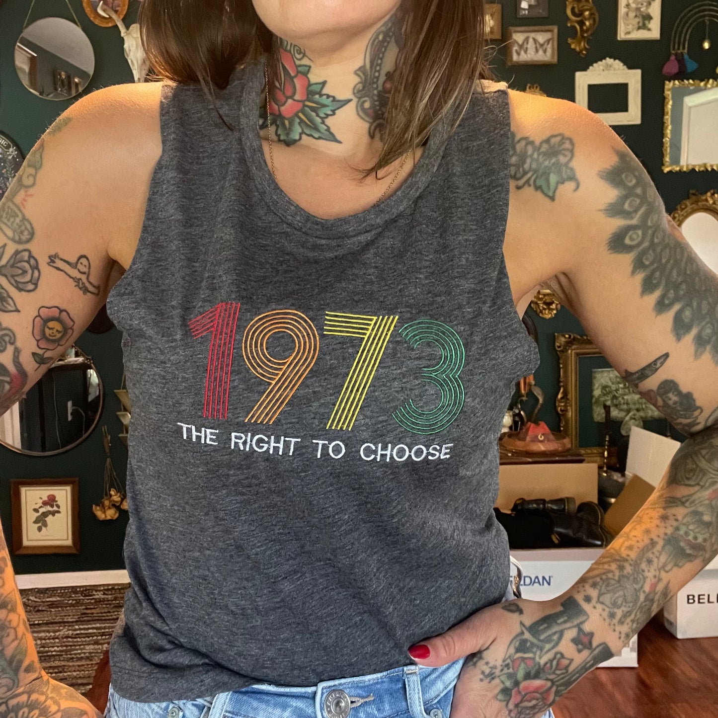 1973 The Right to Choose Embroidered Womens Muscle Tank