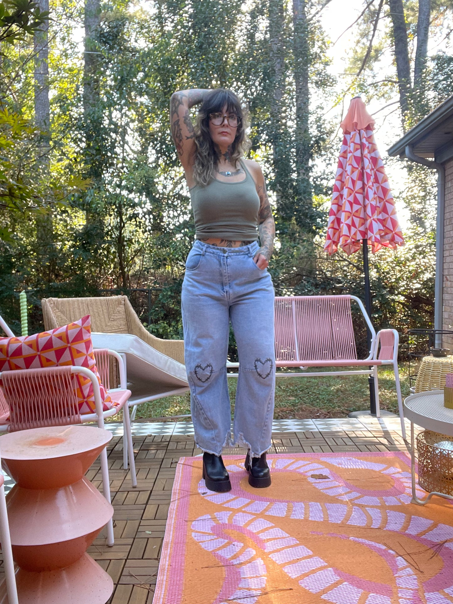 Embroidered Knees Upcycled Denim Barrel Jeans