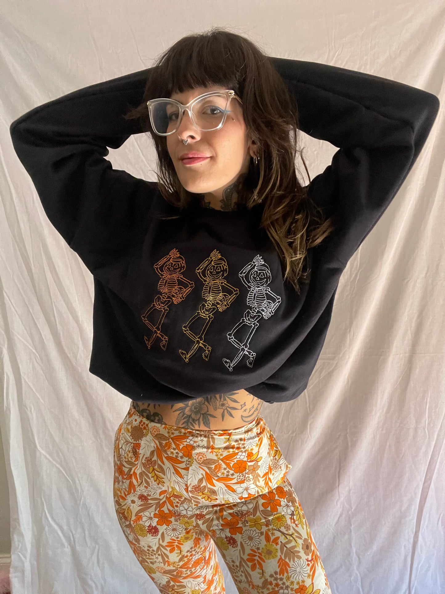 Spooky Scary Skeletons Embroidered Crewneck Sweatshirt