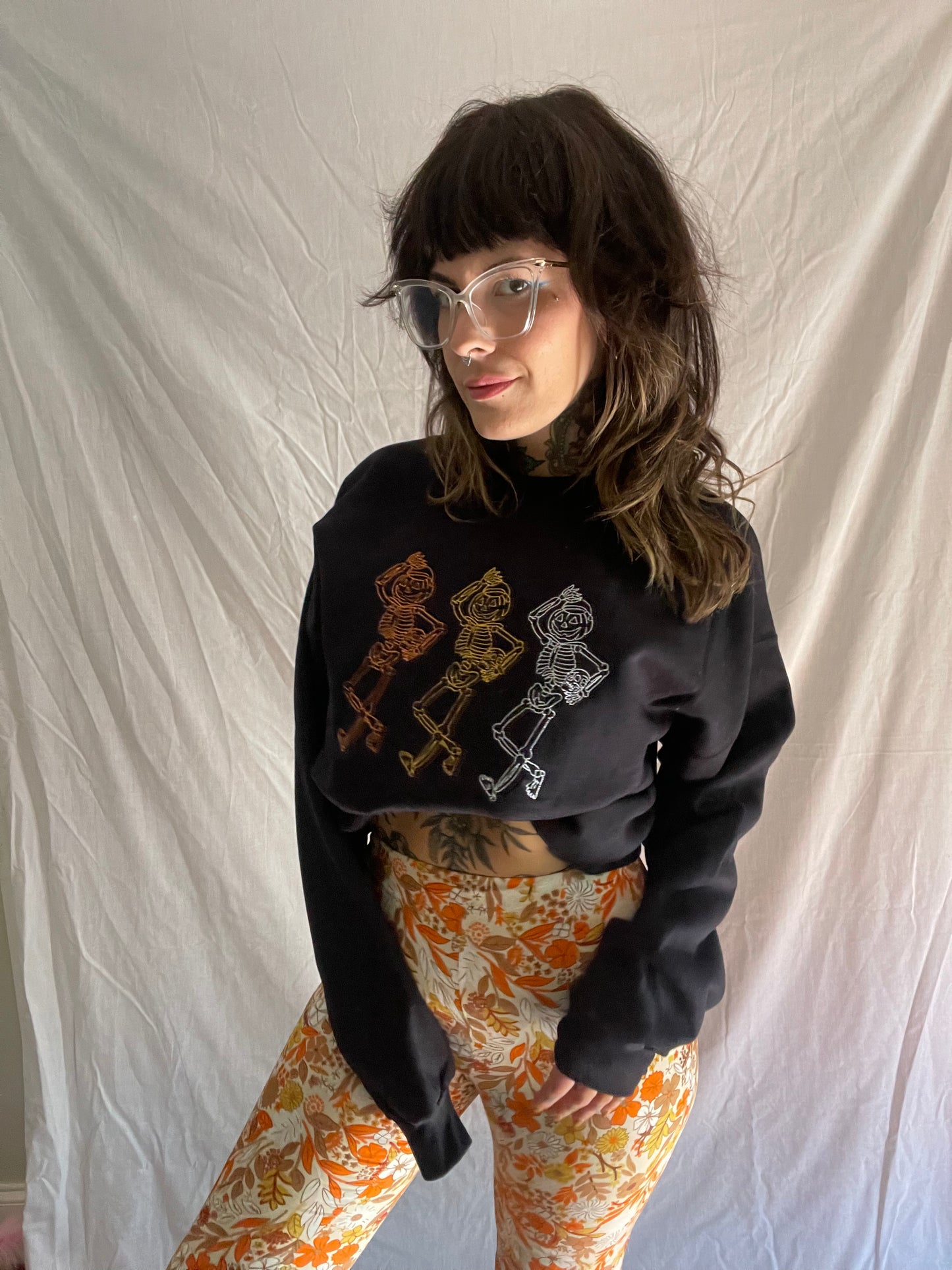 Spooky Scary Skeletons Embroidered Crewneck Sweatshirt