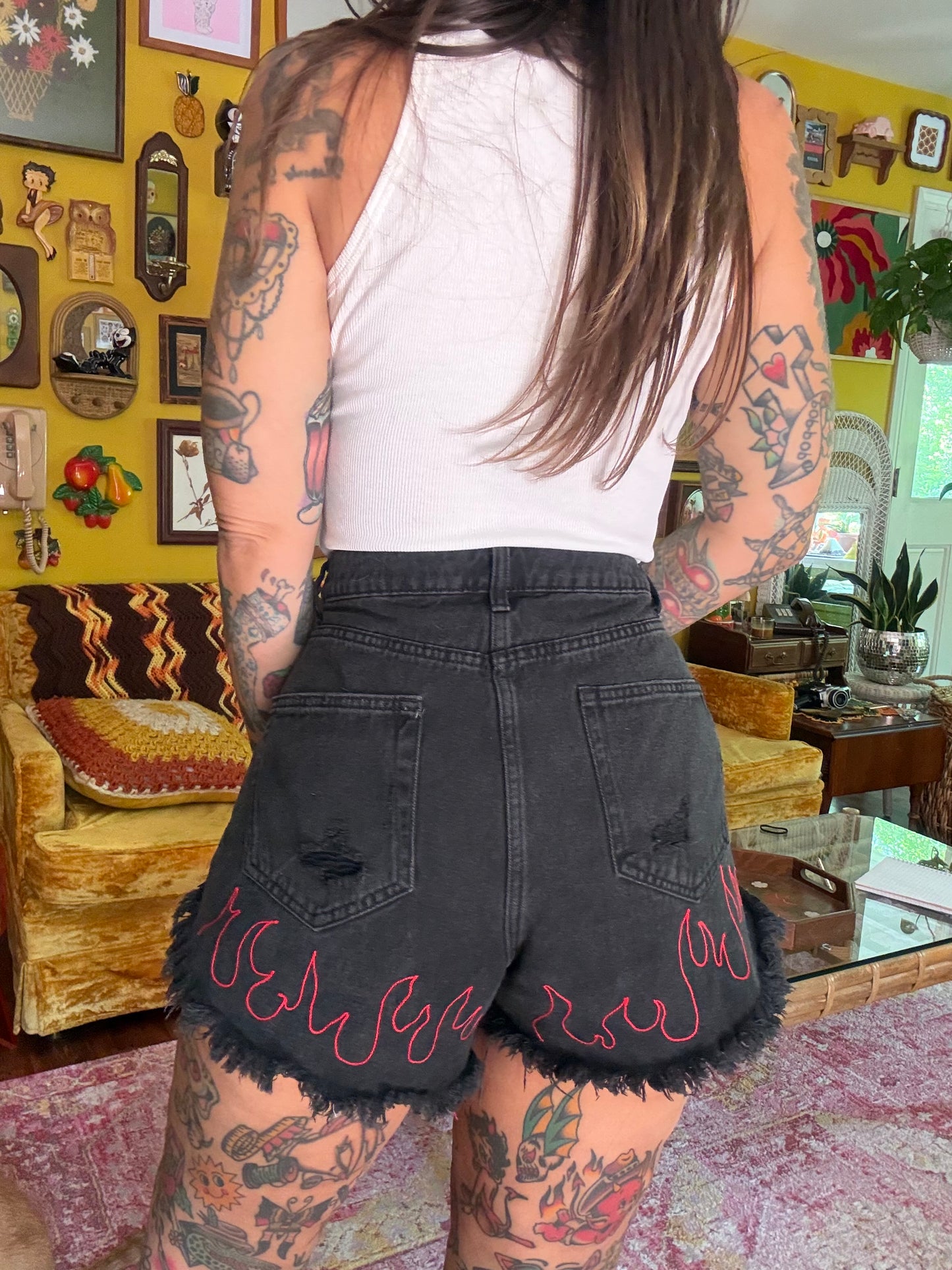 Flamin Hot 28-29" Denim Chain Stitched Embroidered Raw Hem Black Shorts