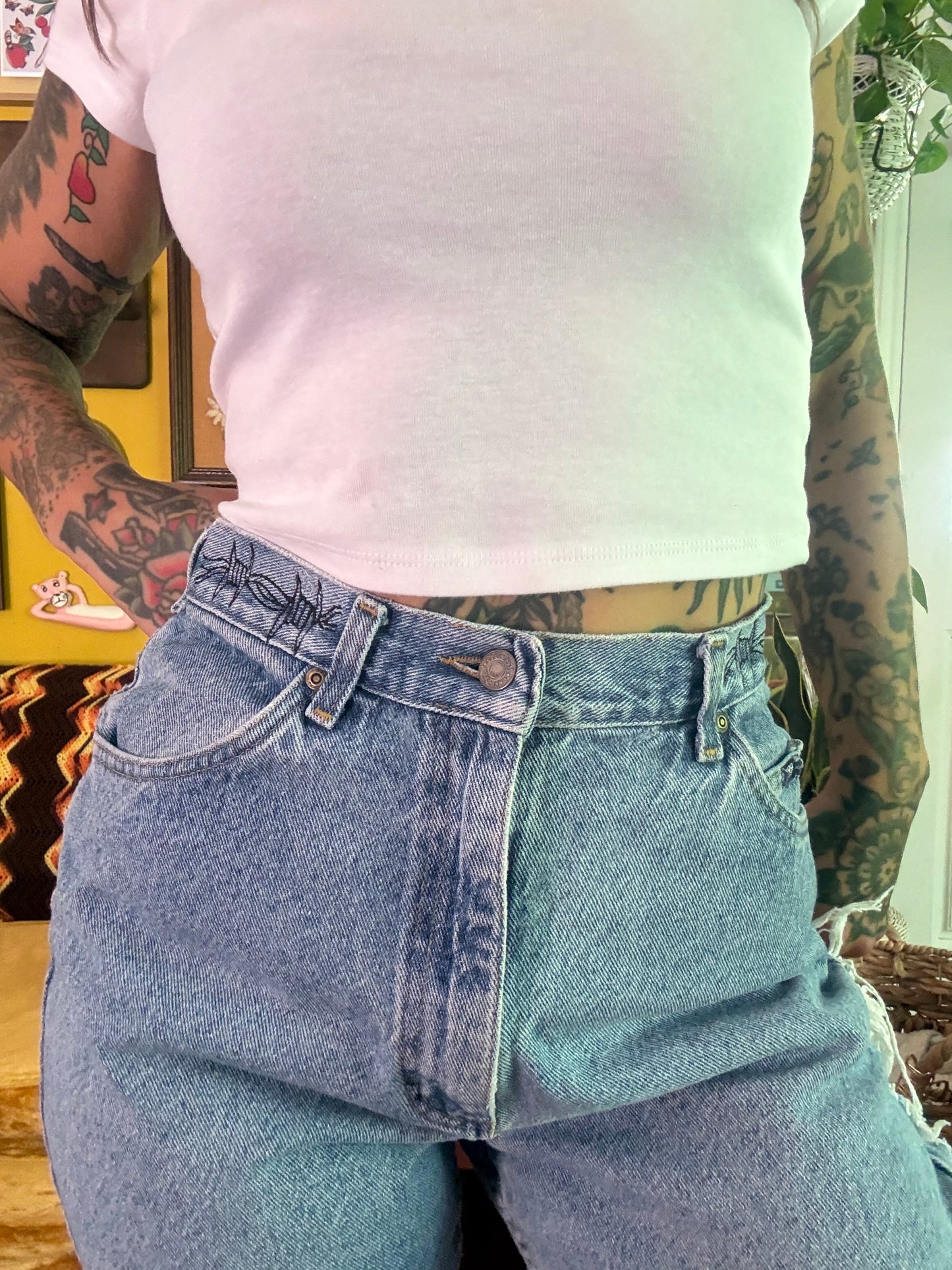 Thrashed & Embroidered 28" Vintage Lee Barbed Wire Denim Jeans