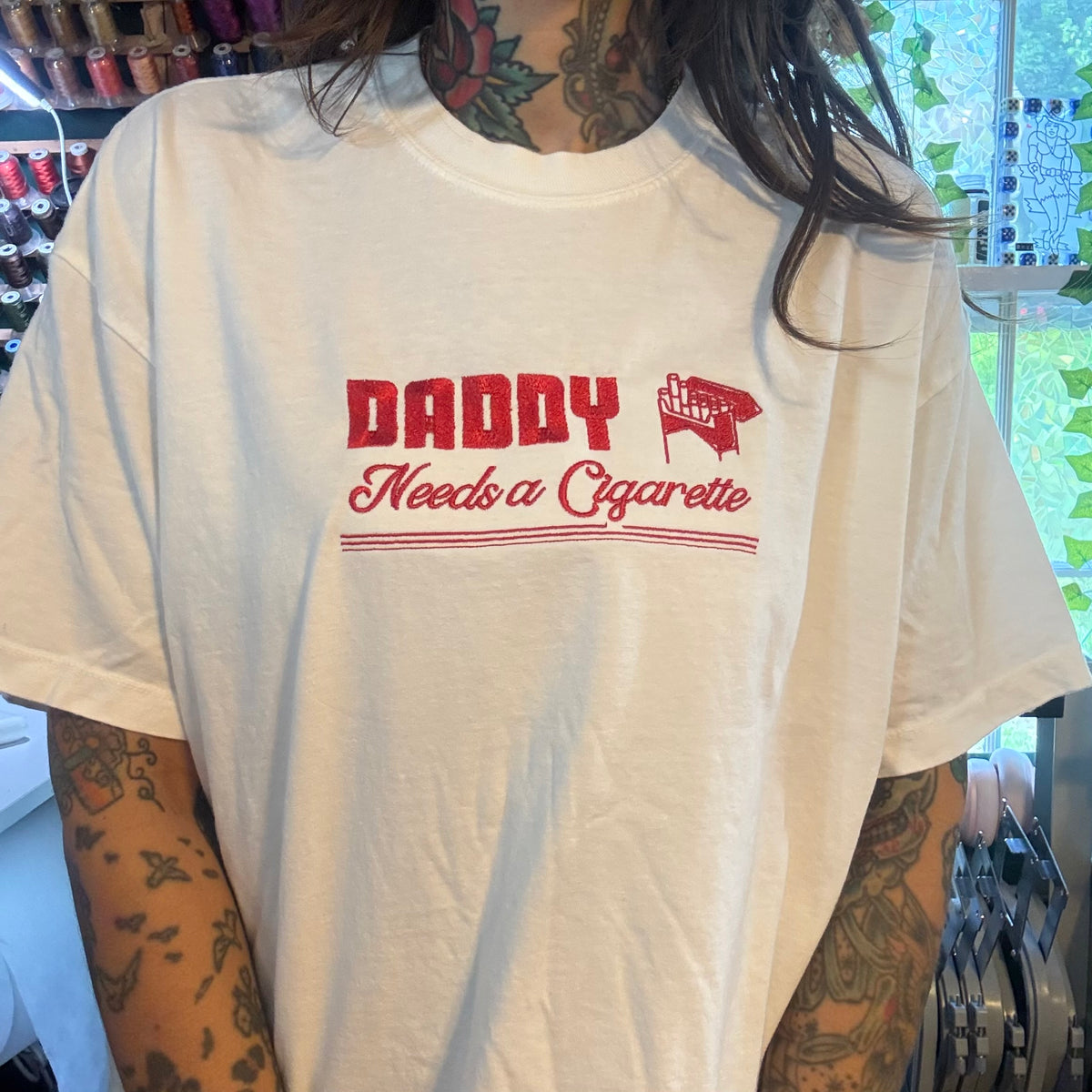 Daddy Needs A Cigarette Embroidered Unisex T-Shirt or Baby Tee