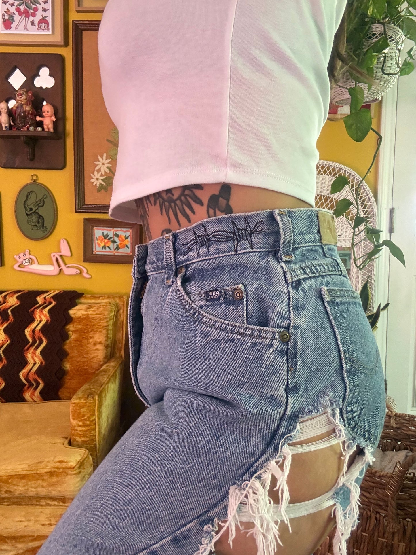Thrashed & Embroidered 28" Vintage Lee Barbed Wire Denim Jeans