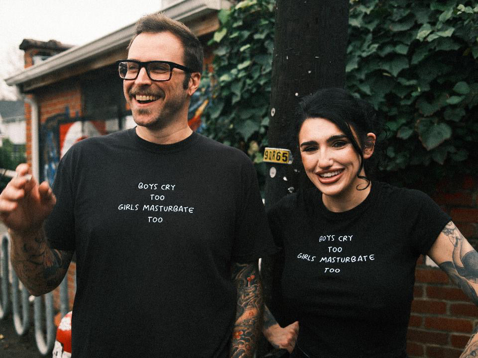 Boys Cry Too, Girls Masturbate Too Embroidered Unisex T-Shirt or Baby Tee