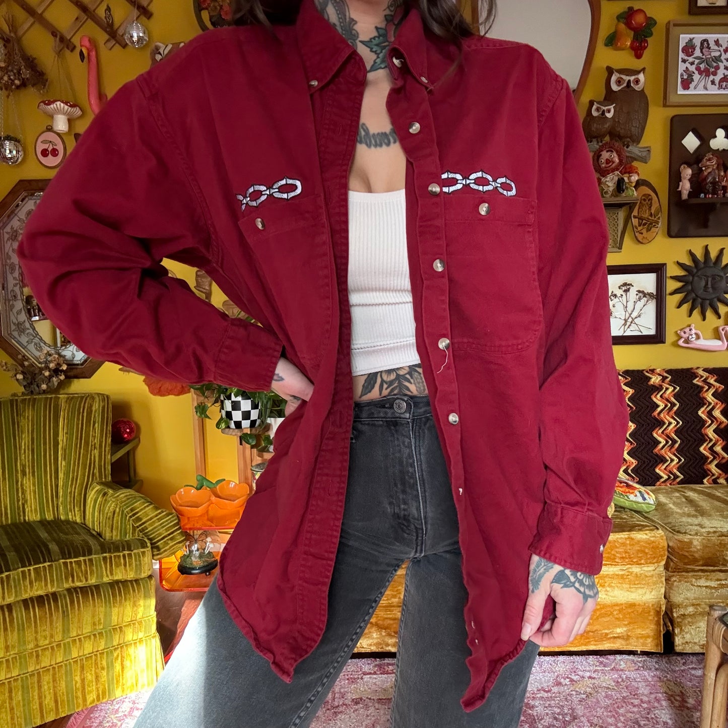 1:1 Embroidered Chain Link Repurposed Button Up Shirt