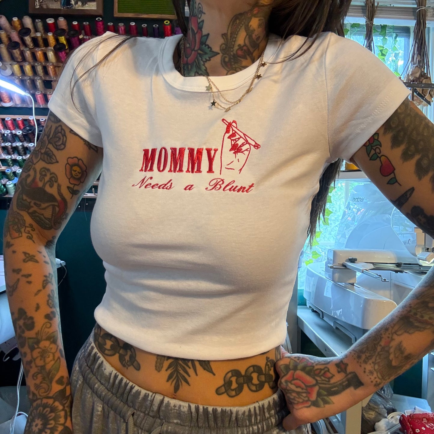 Mommy Needs A Blunt Embroidered Unisex T-Shirt, Baby Tee or Boxy Crop Top