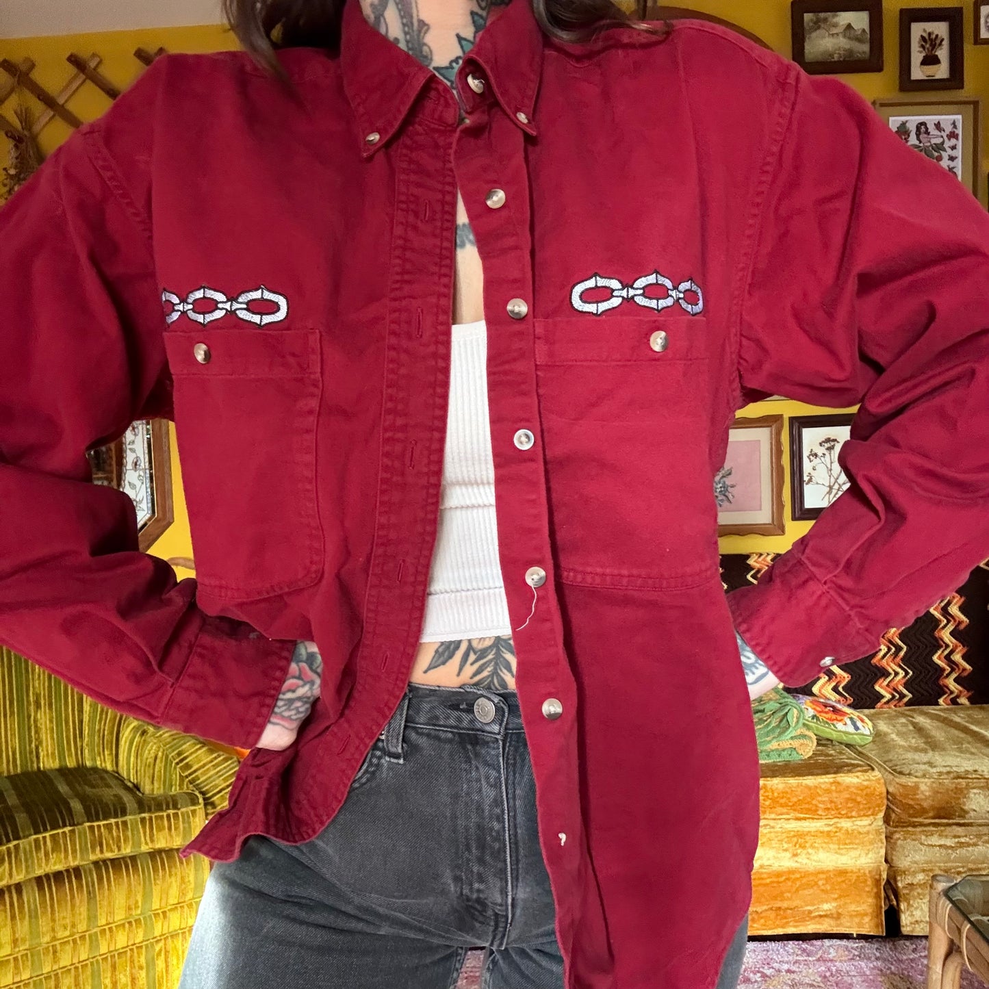 1:1 Embroidered Chain Link Repurposed Button Up Shirt