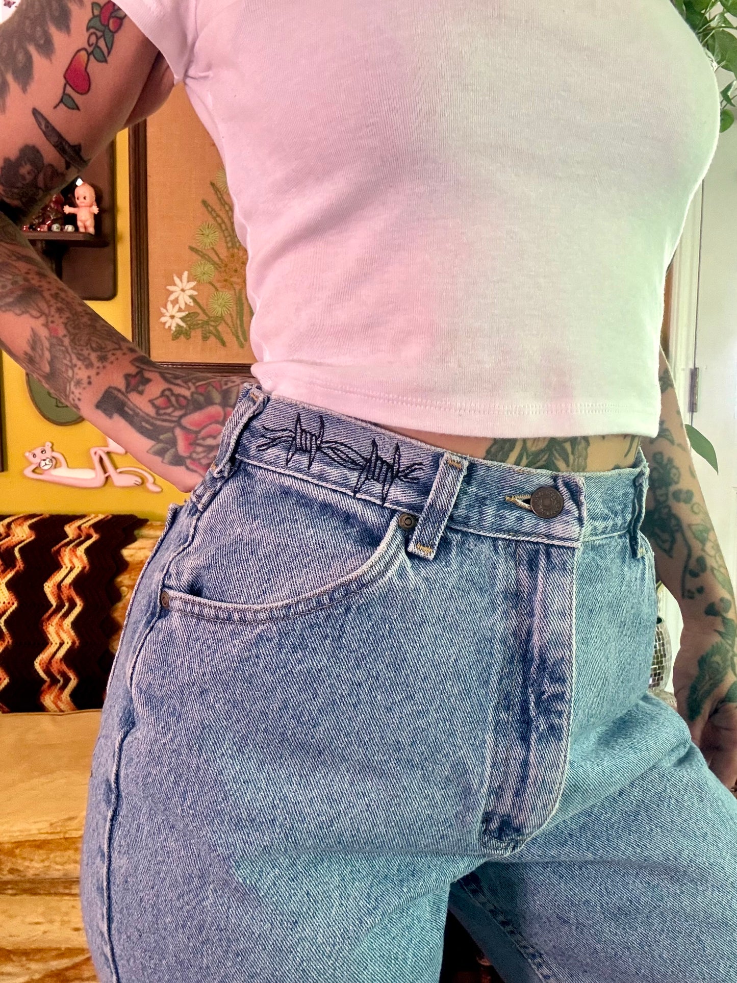 Thrashed & Embroidered 28" Vintage Lee Barbed Wire Denim Jeans