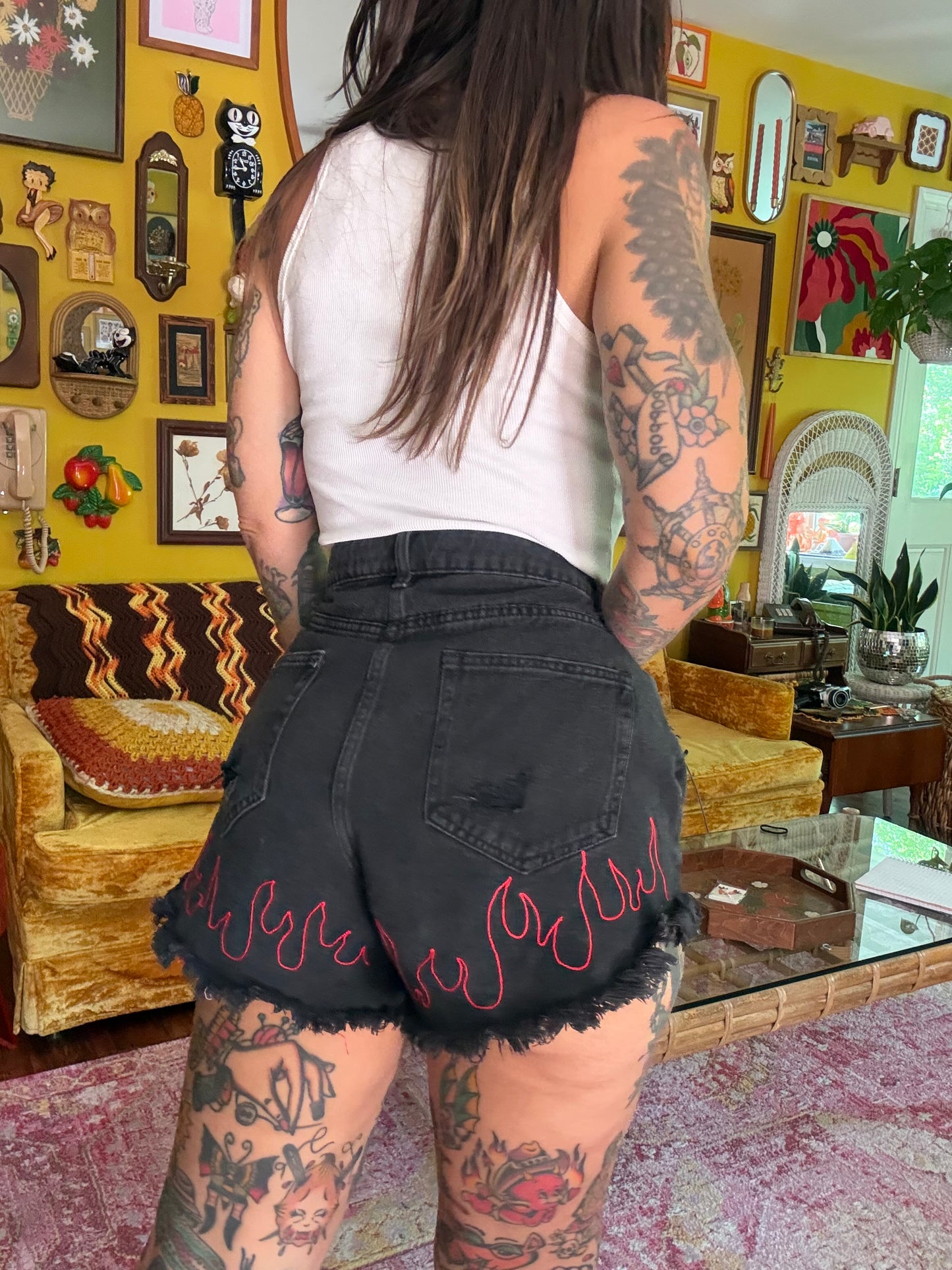 Flamin Hot 28-29" Denim Chain Stitched Embroidered Raw Hem Black Shorts