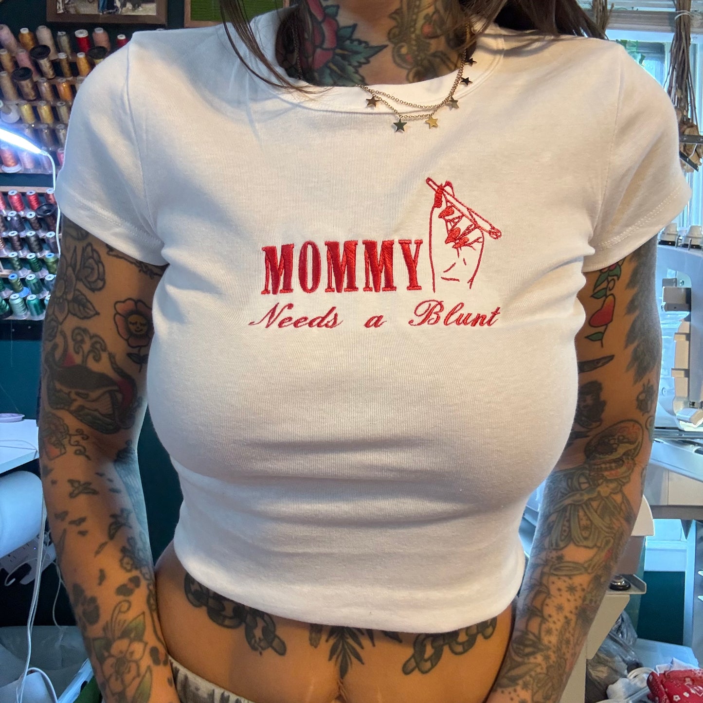 Mommy Needs A Blunt Embroidered Unisex T-Shirt, Baby Tee or Boxy Crop Top