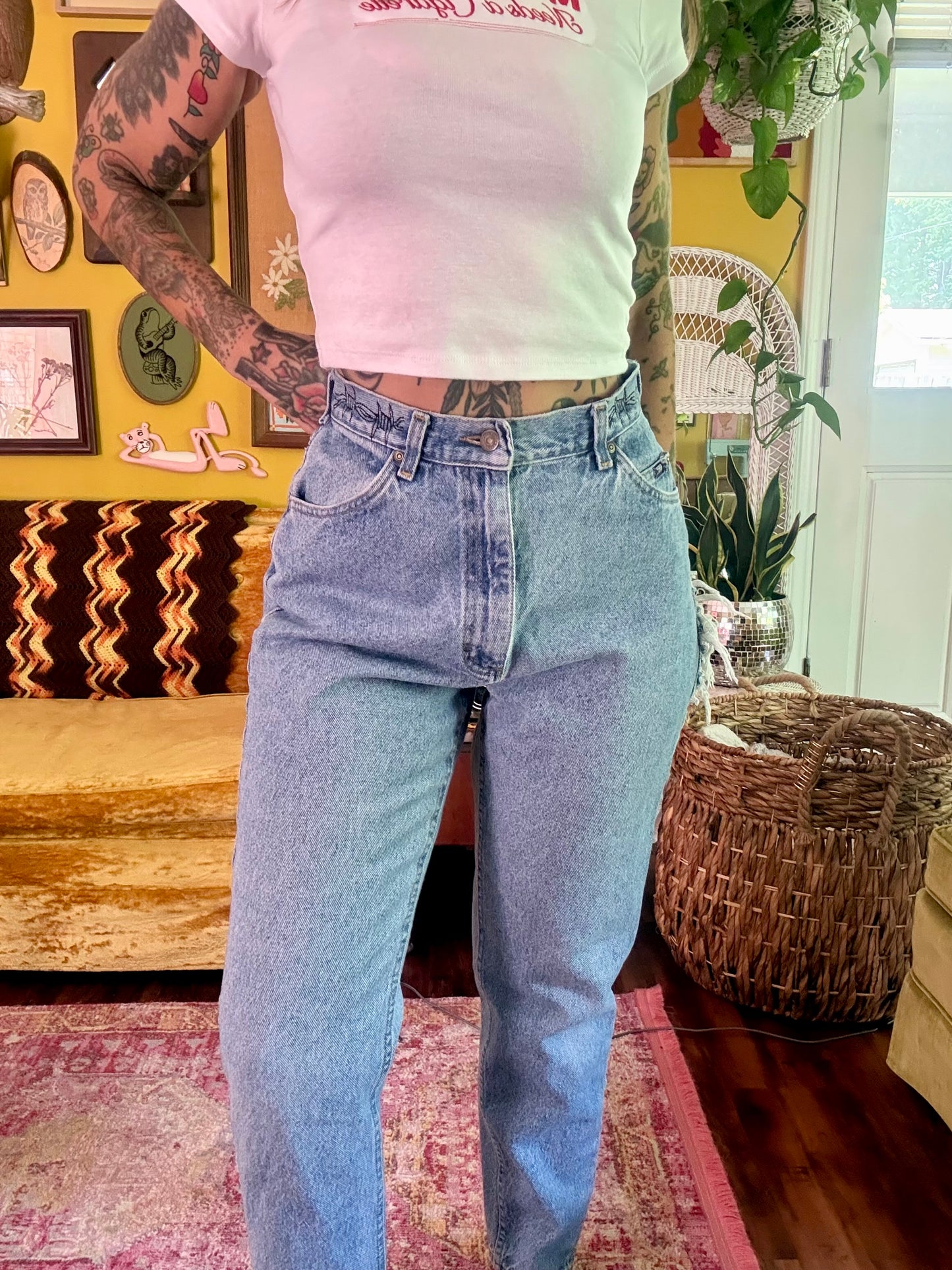 Thrashed & Embroidered 28" Vintage Lee Barbed Wire Denim Jeans