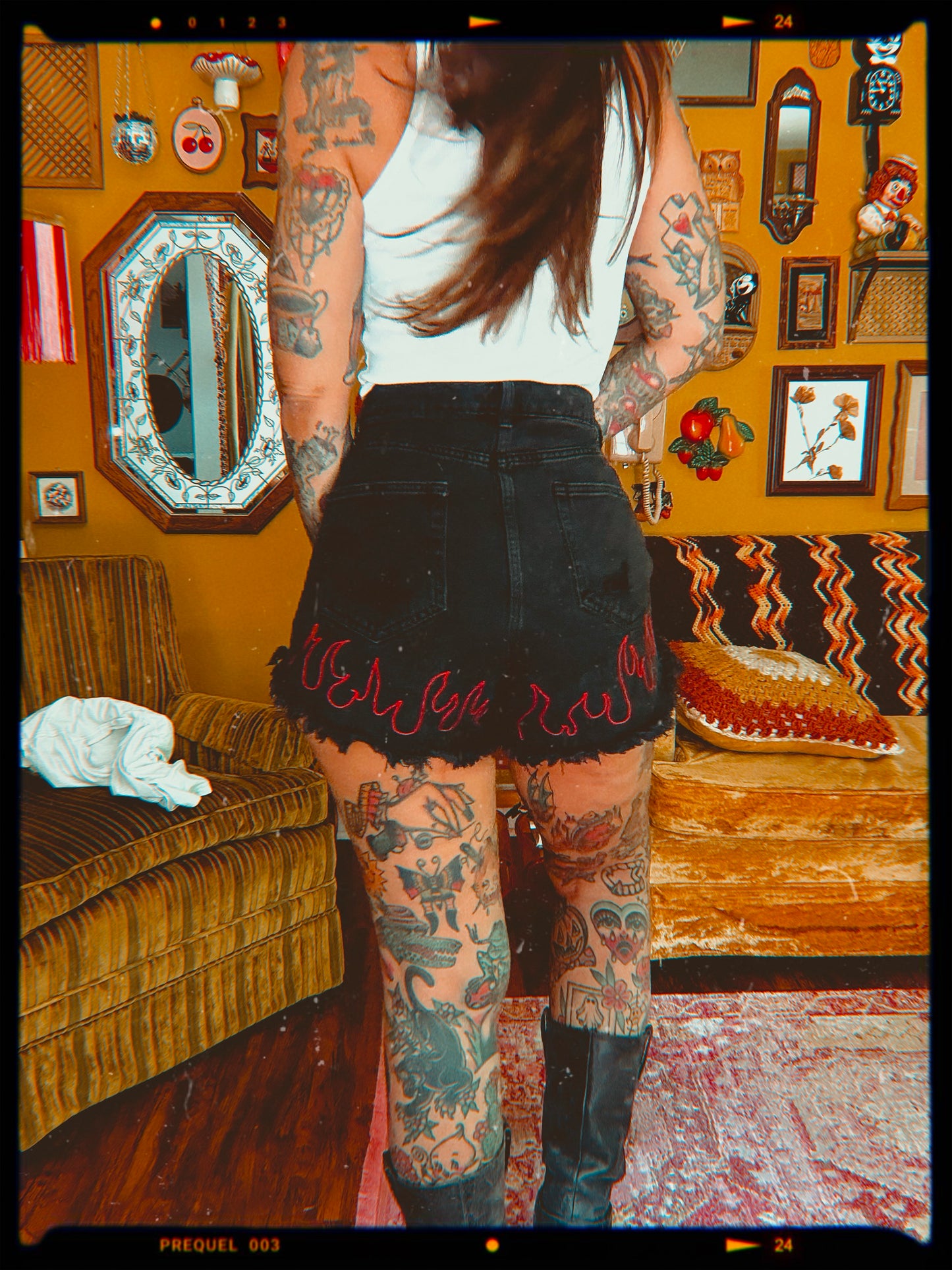 Flamin Hot 28-29" Denim Chain Stitched Embroidered Raw Hem Black Shorts