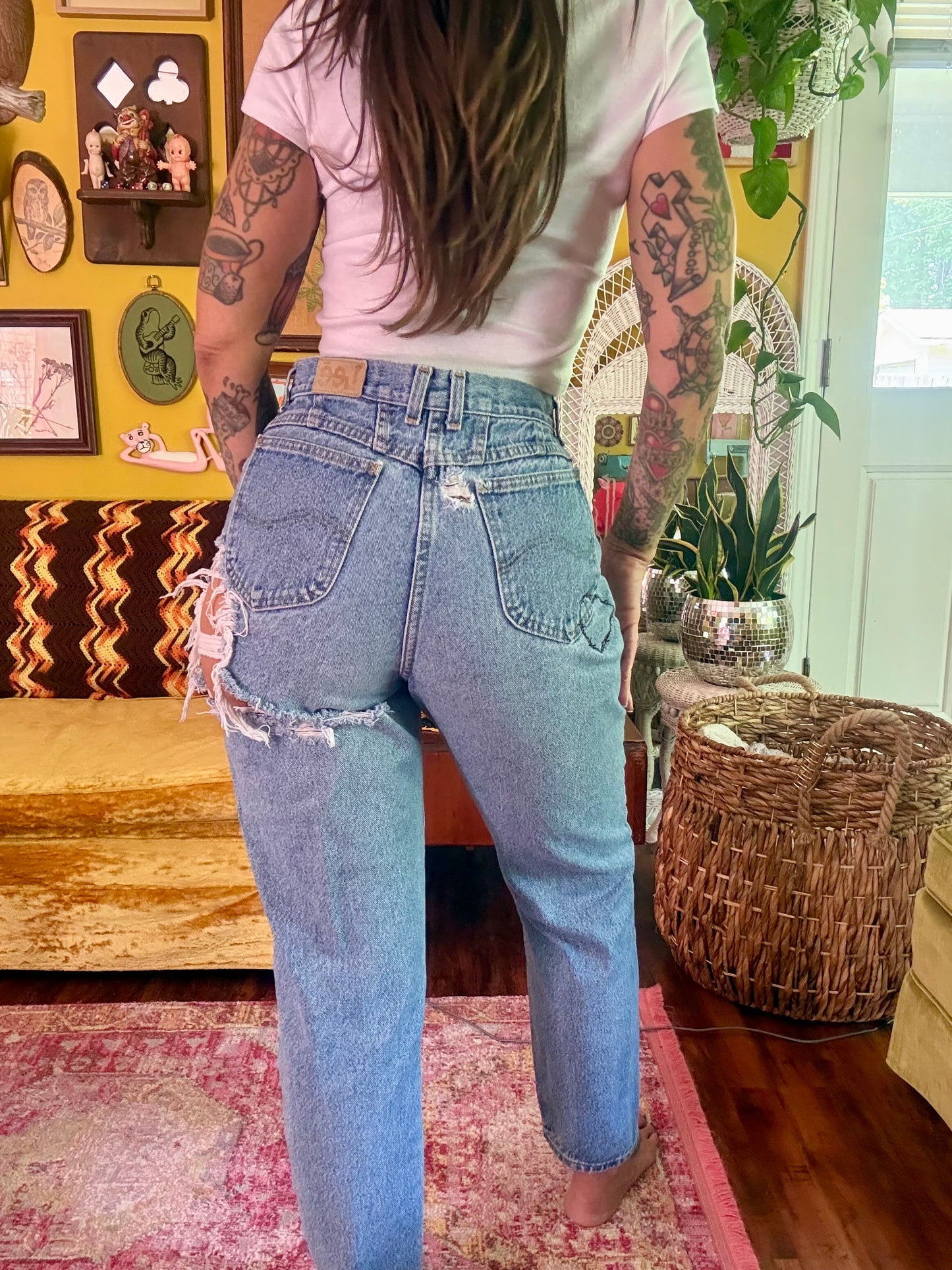Thrashed & Embroidered 28" Vintage Lee Barbed Wire Denim Jeans