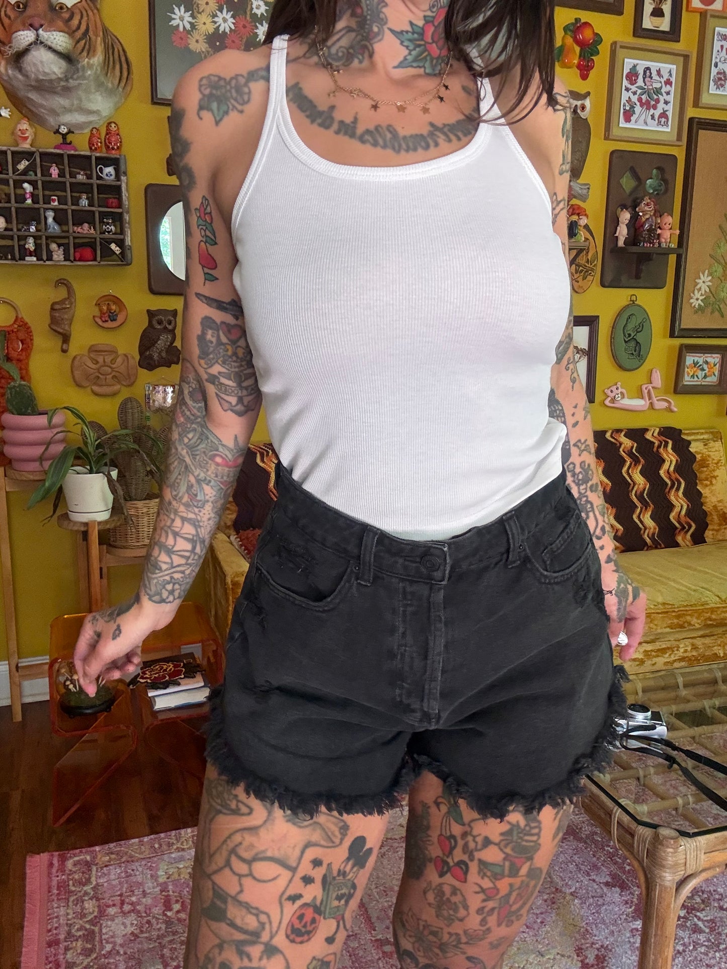 Flamin Hot 28-29" Denim Chain Stitched Embroidered Raw Hem Black Shorts