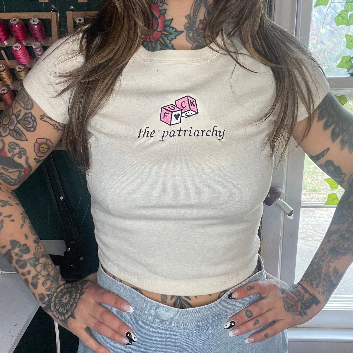 Fuck The Patriarchy Embroidered Baby Tee, Unisex T-Shirt or Crewneck Sweatshirt