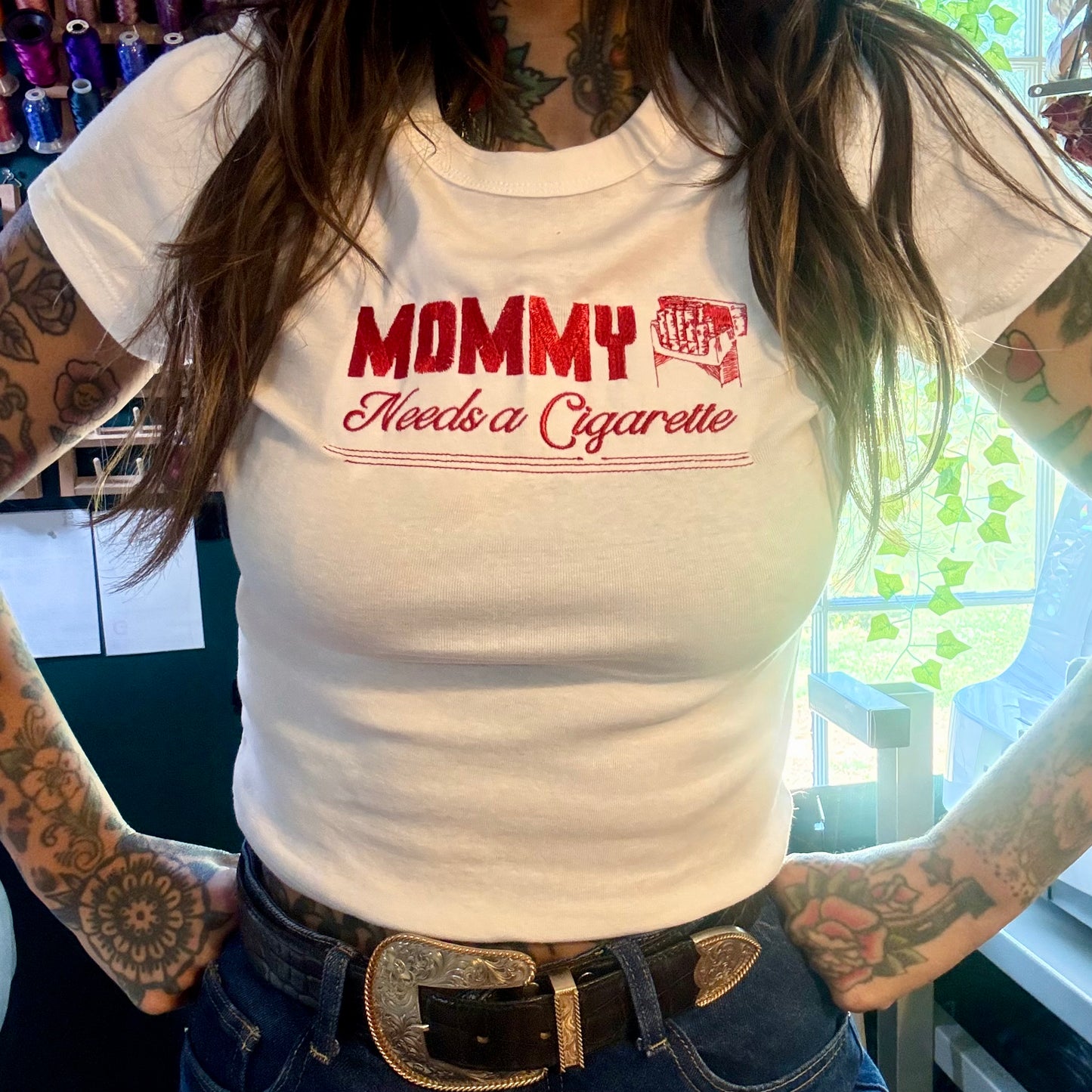 Mommy Needs A Cigarette Embroidered Unisex T-Shirt or Baby Tee