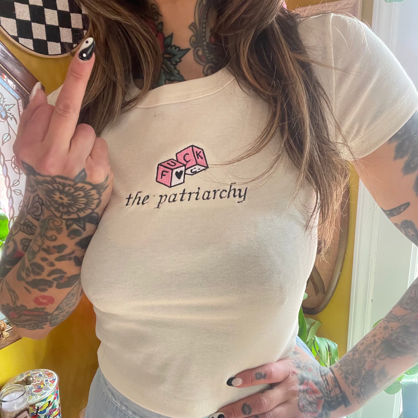 Fuck The Patriarchy Embroidered Baby Tee, Unisex T-Shirt or Crewneck Sweatshirt