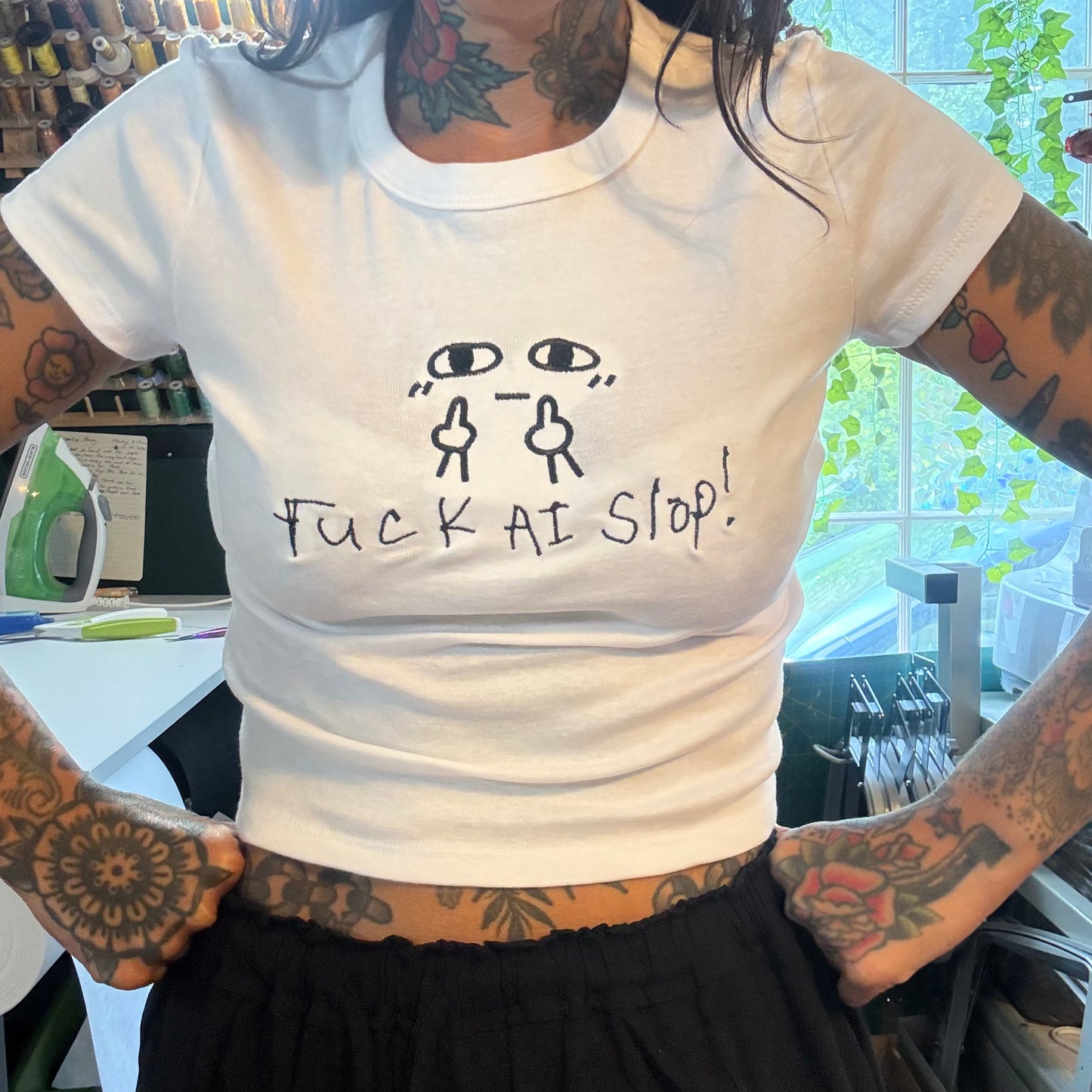 Fuck Ai Slop Embroidered Baby Tee, Boxy Crop, Unisex Tee or Crewneck Sweatshirt