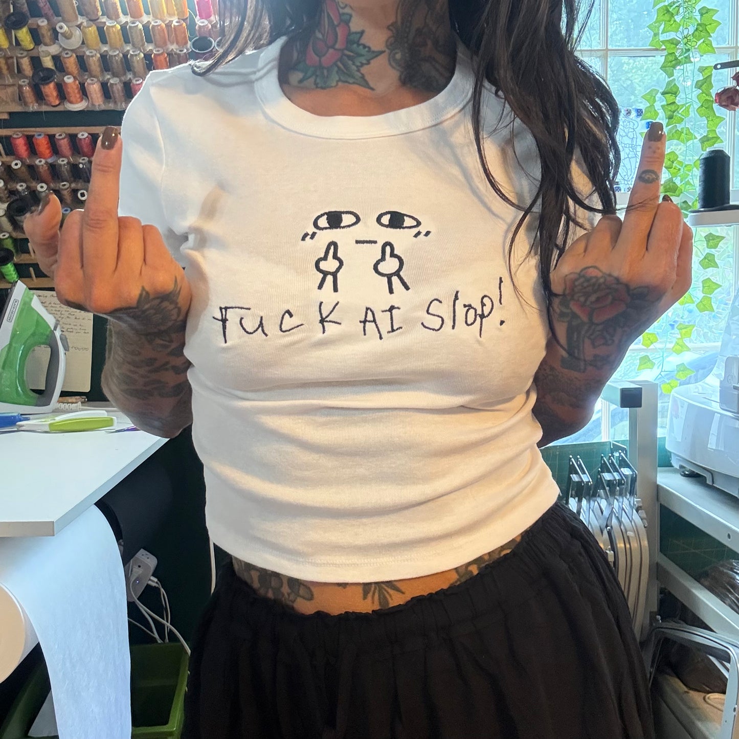 Fuck Ai Slop Embroidered Baby Tee, Boxy Crop, Unisex Tee or Crewneck Sweatshirt