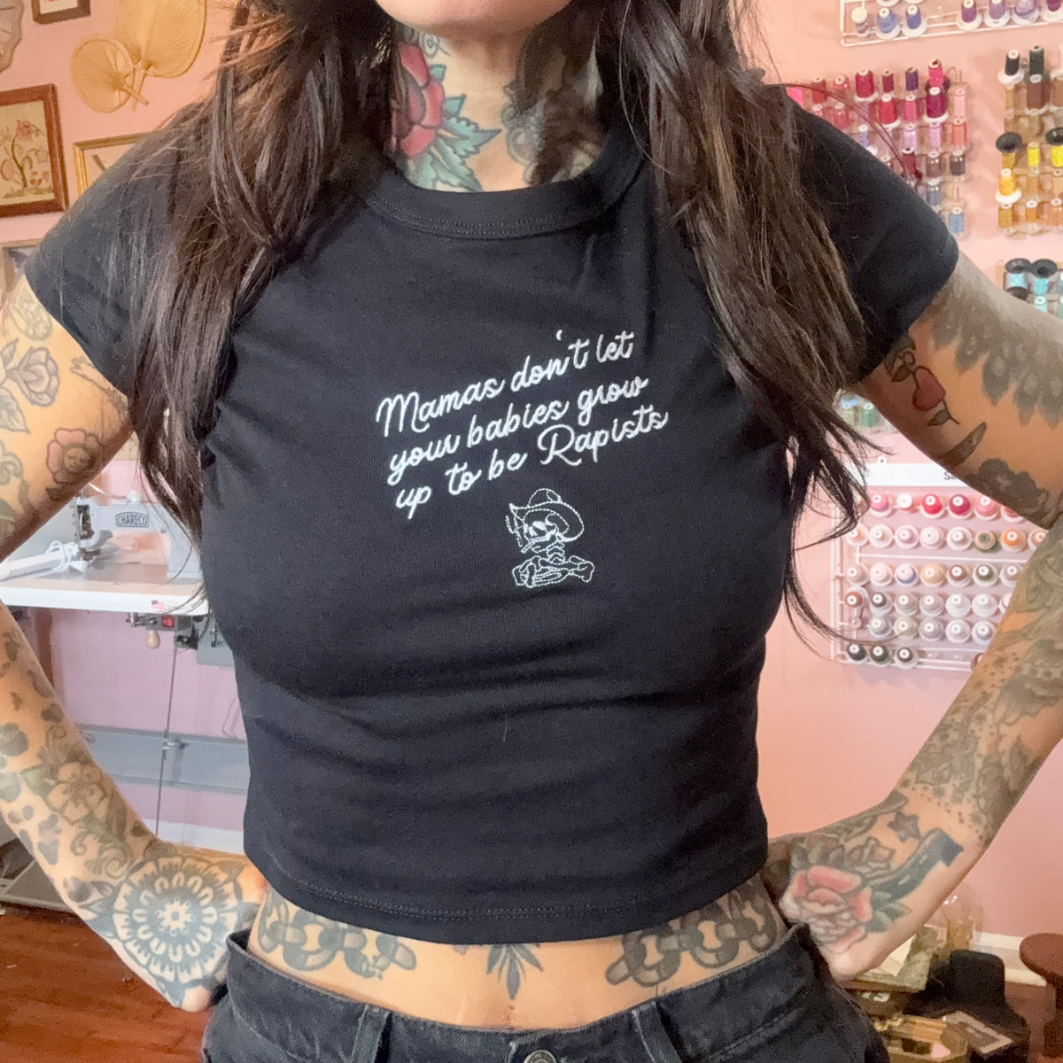 Mamas Don't Let Your Babies Embroidered Baby Tee, Boxy Crop, Unisex T-Shirt or Crewneck Sweatshirt