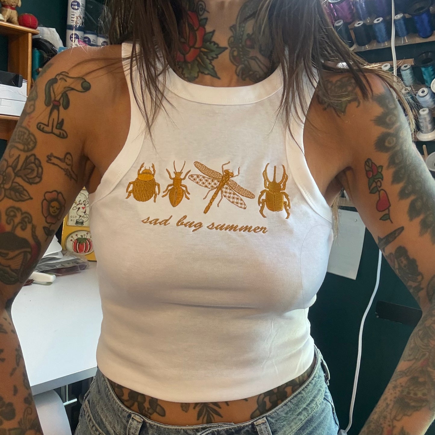Sad Bug Summer Embroidered Micro Ribbed Baby Tee or Racerback Baby Tee