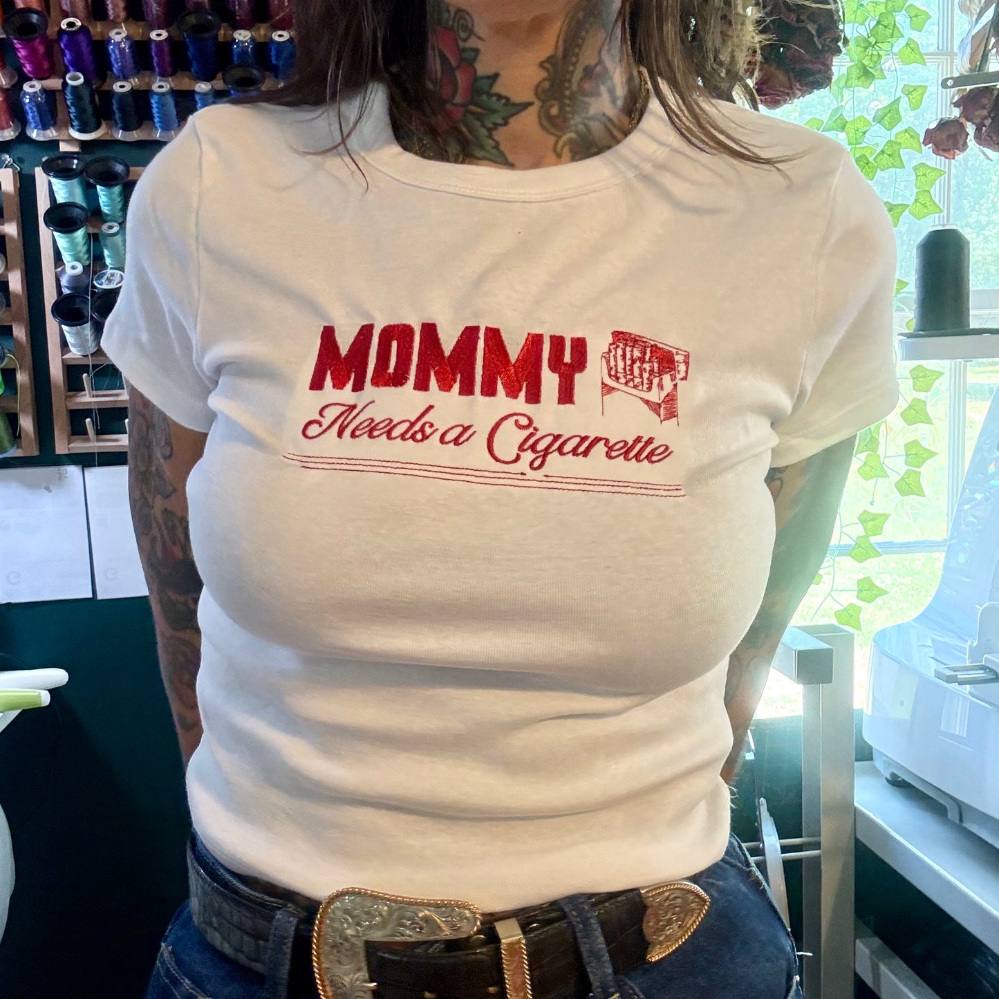 Mommy Needs A Cigarette Embroidered Unisex T-Shirt or Baby Tee