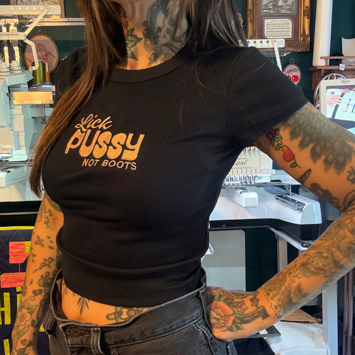 Lick Pussy Not Boots Embordered Unisex T-Shirt Or Baby Tee