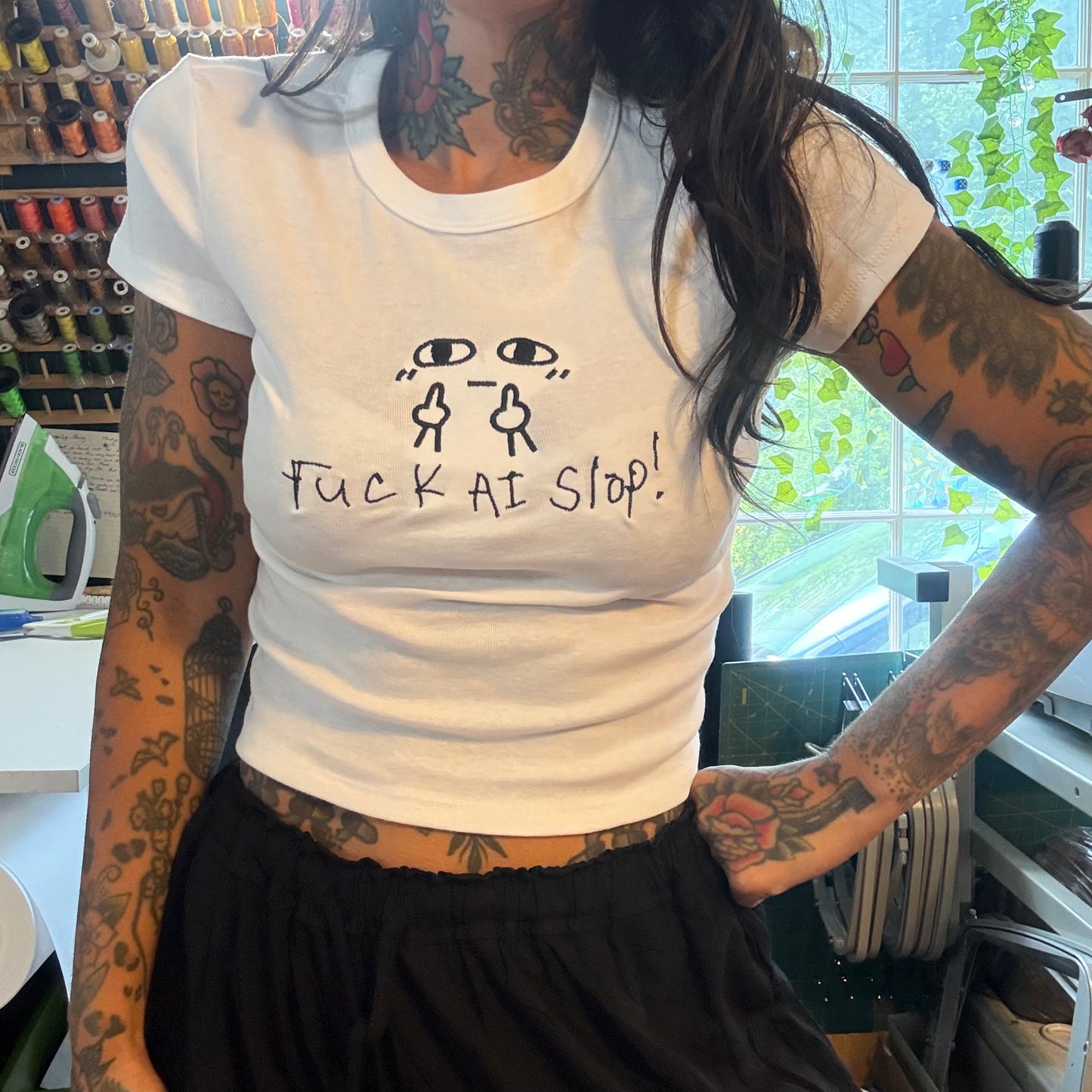 Fuck Ai Slop Embroidered Baby Tee, Boxy Crop, Unisex Tee or Crewneck Sweatshirt