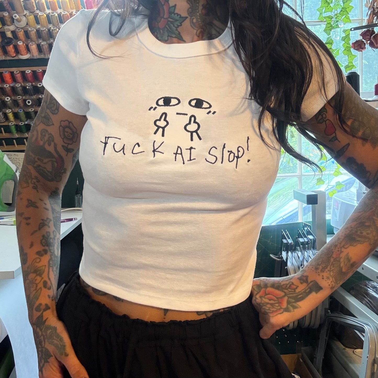 Fuck Ai Slop Embroidered Baby Tee, Boxy Crop, Unisex Tee or Crewneck Sweatshirt