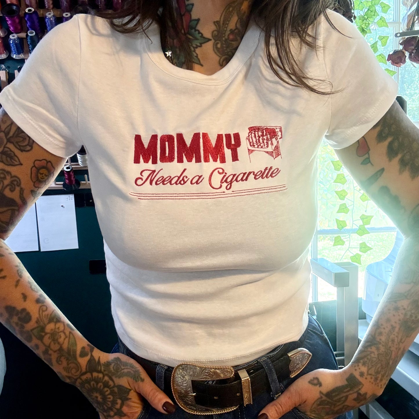 Mommy Needs A Cigarette Embroidered Unisex T-Shirt or Baby Tee