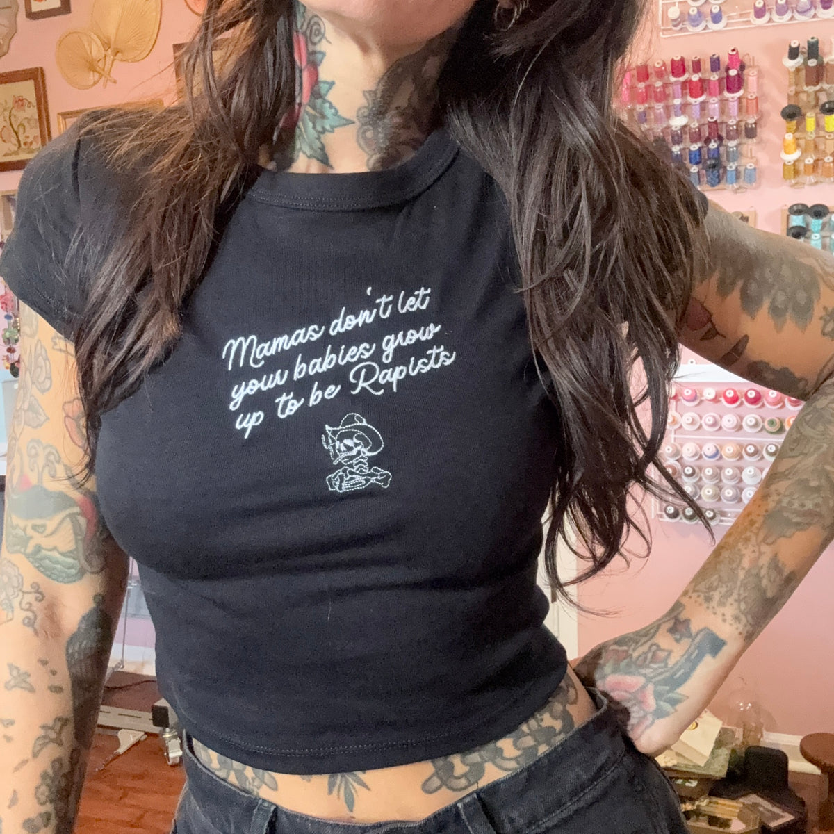 Mamas Don't Let Your Babies Embroidered Baby Tee, Boxy Crop, Unisex T-Shirt or Crewneck Sweatshirt
