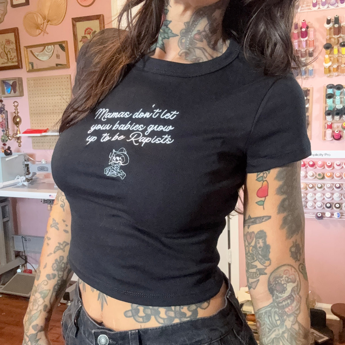Mamas Don't Let Your Babies Embroidered Baby Tee, Boxy Crop, Unisex T-Shirt or Crewneck Sweatshirt
