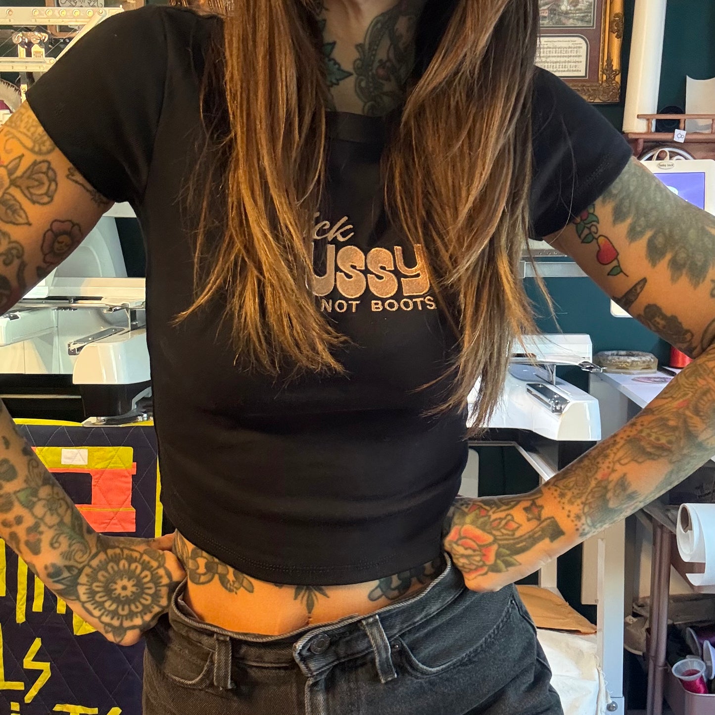 Lick Pussy Not Boots Embordered Unisex T-Shirt Or Baby Tee