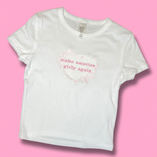 Make America Girly Again Embroidered Baby Tee, Unisex T-Shirt or Crewneck Sweatshirt