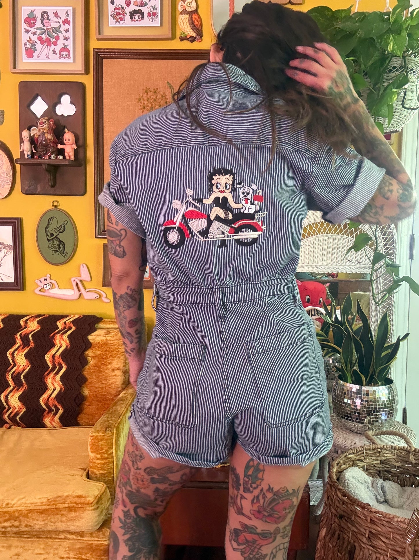1:1 Biker Boop Embroidered Striped Button Front Short Sleeve Jumper