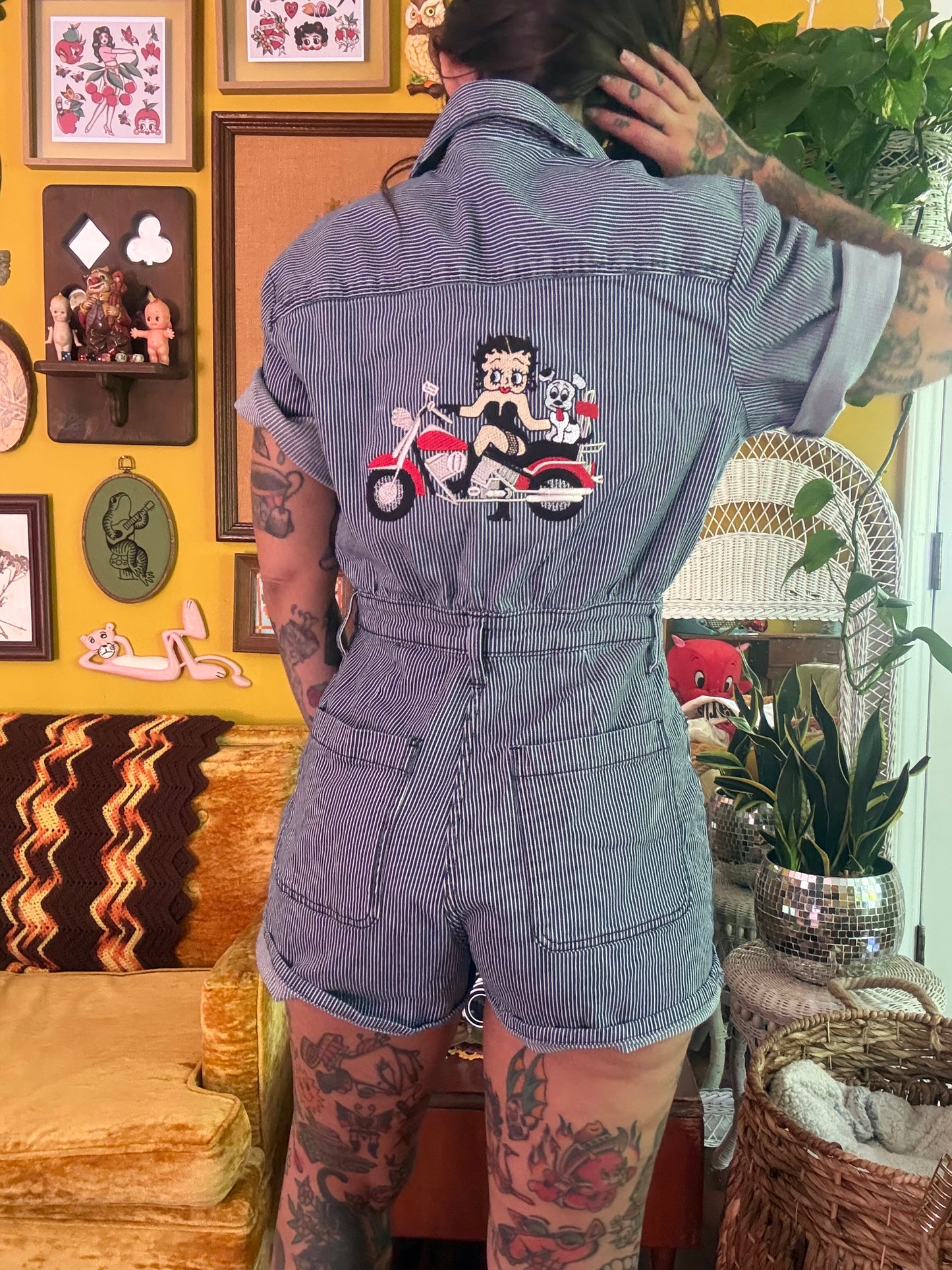 1:1 Biker Boop Embroidered Striped Button Front Short Sleeve Jumper