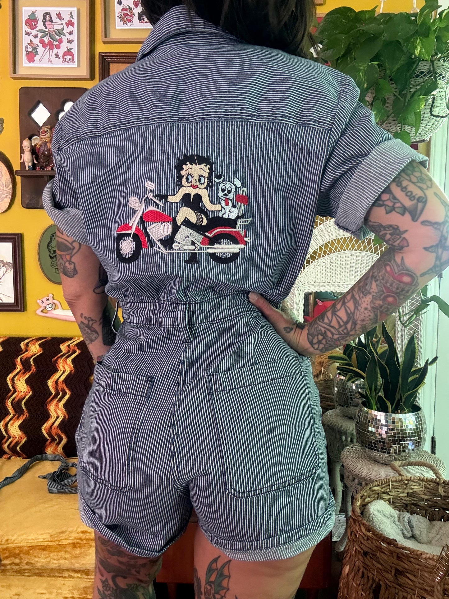 1:1 Biker Boop Embroidered Striped Button Front Short Sleeve Jumper