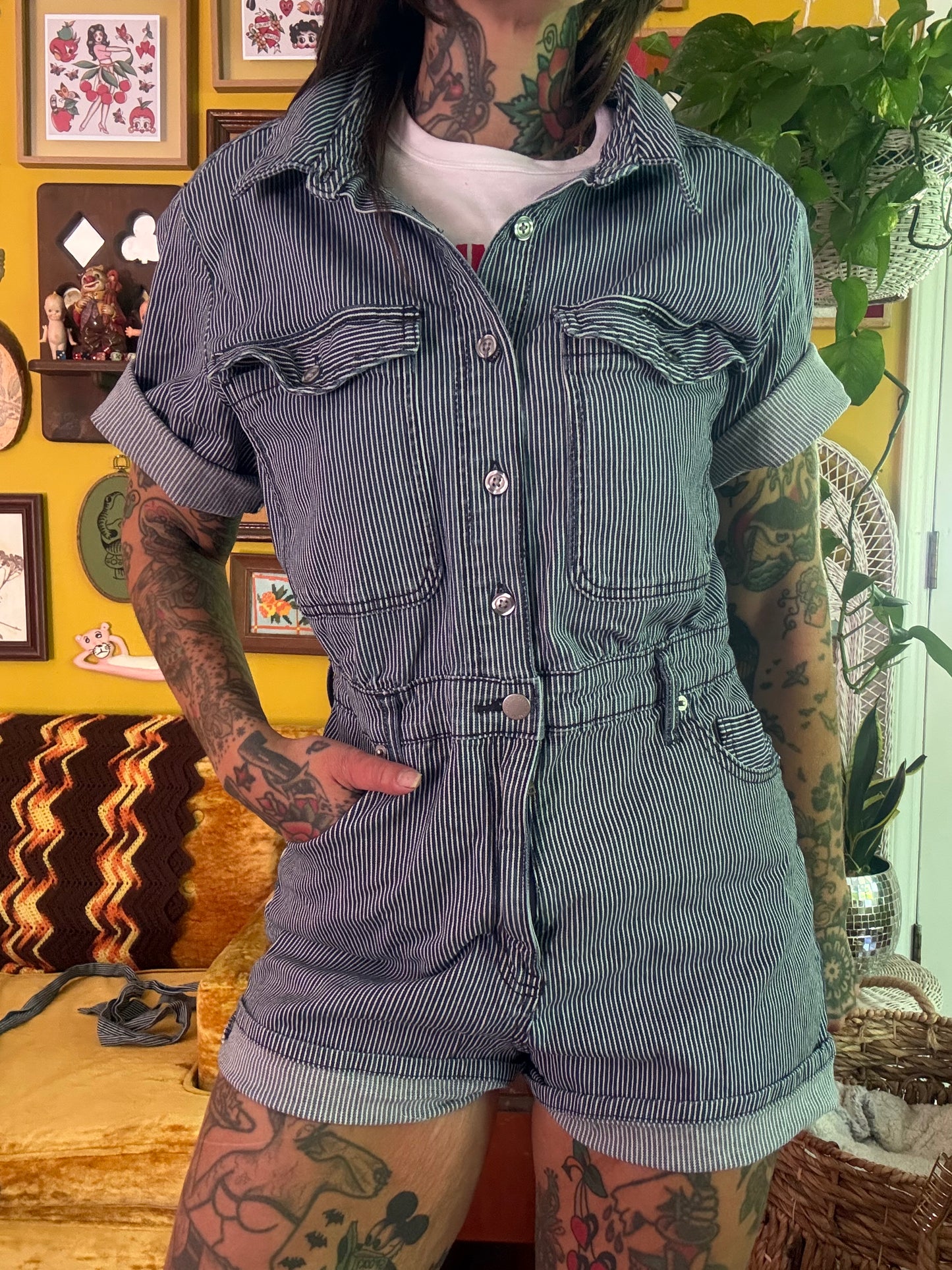 1:1 Biker Boop Embroidered Striped Button Front Short Sleeve Jumper