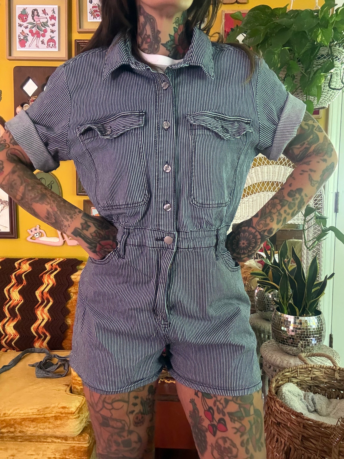 1:1 Biker Boop Embroidered Striped Button Front Short Sleeve Jumper