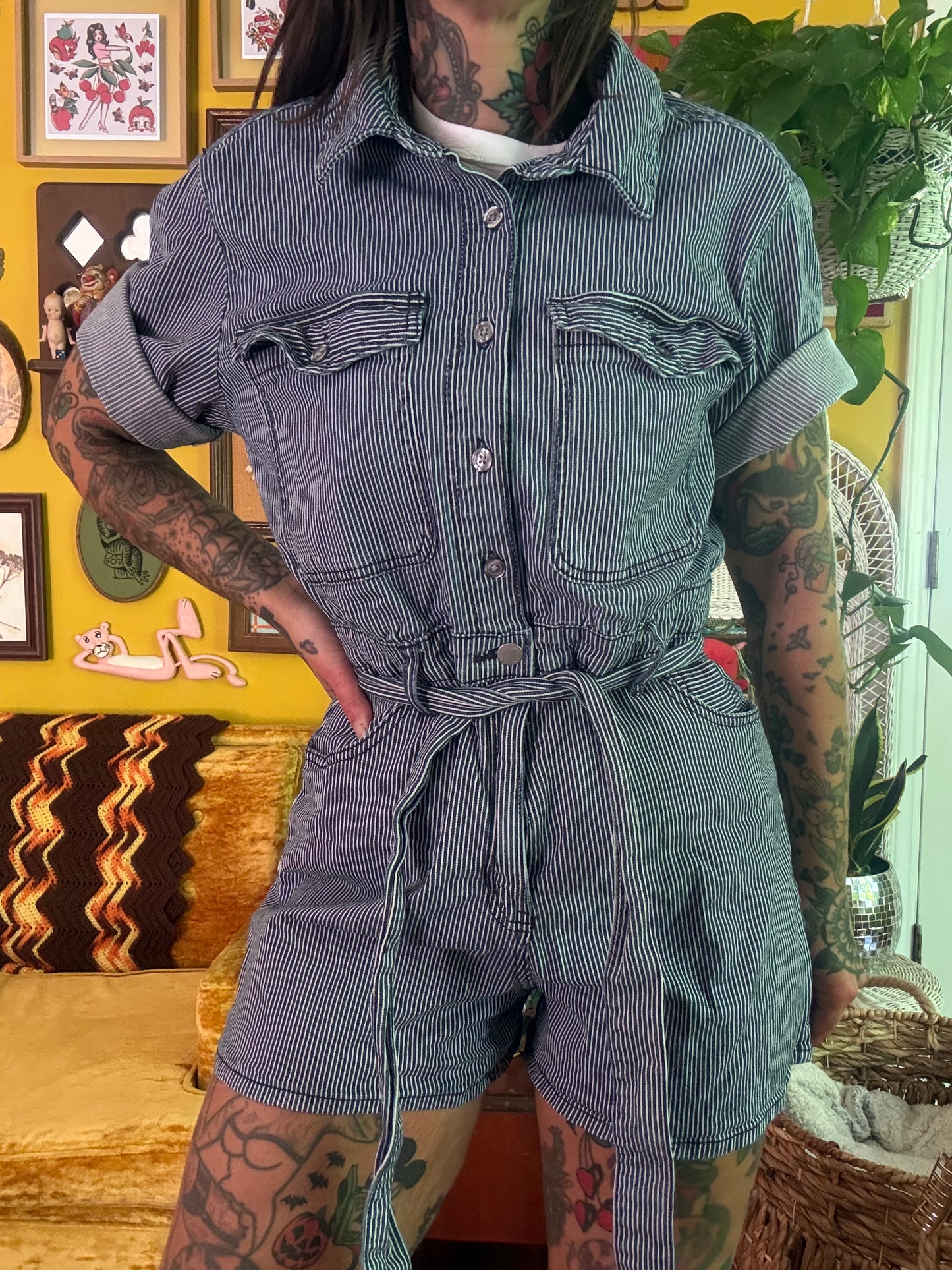 1:1 Biker Boop Embroidered Striped Button Front Short Sleeve Jumper