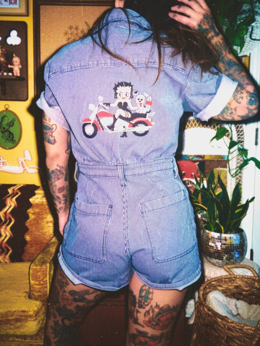 1:1 Biker Boop Embroidered Striped Button Front Short Sleeve Jumper