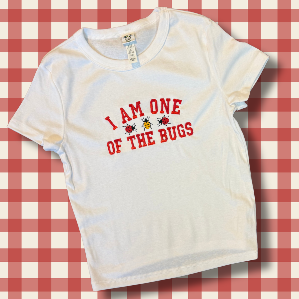 One Of The Bugs Embroidered Baby Tee, Unisex T-Shirt, Boxy Crop or Racerback Baby Tank