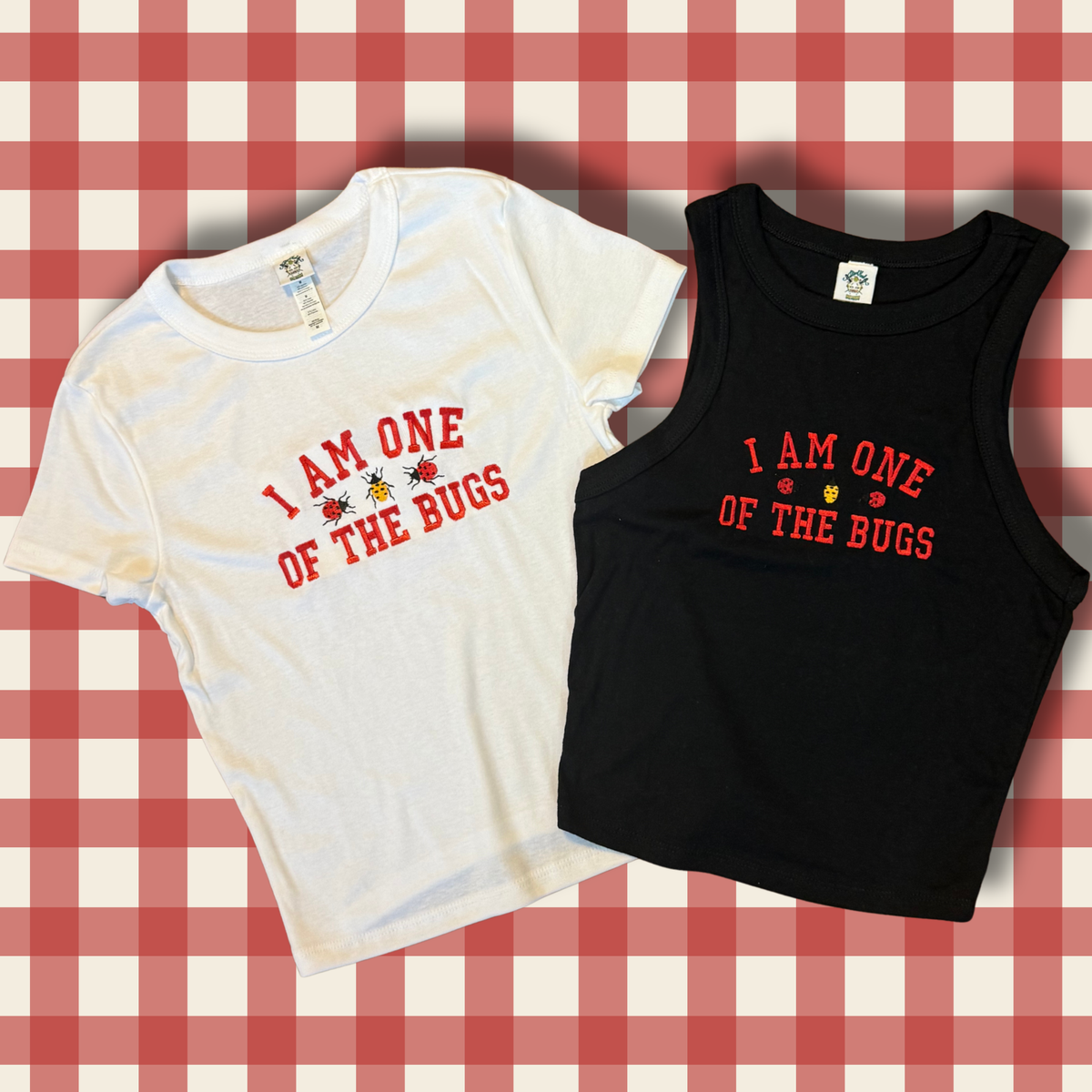 One Of The Bugs Embroidered Baby Tee, Unisex T-Shirt, Boxy Crop or Racerback Baby Tank