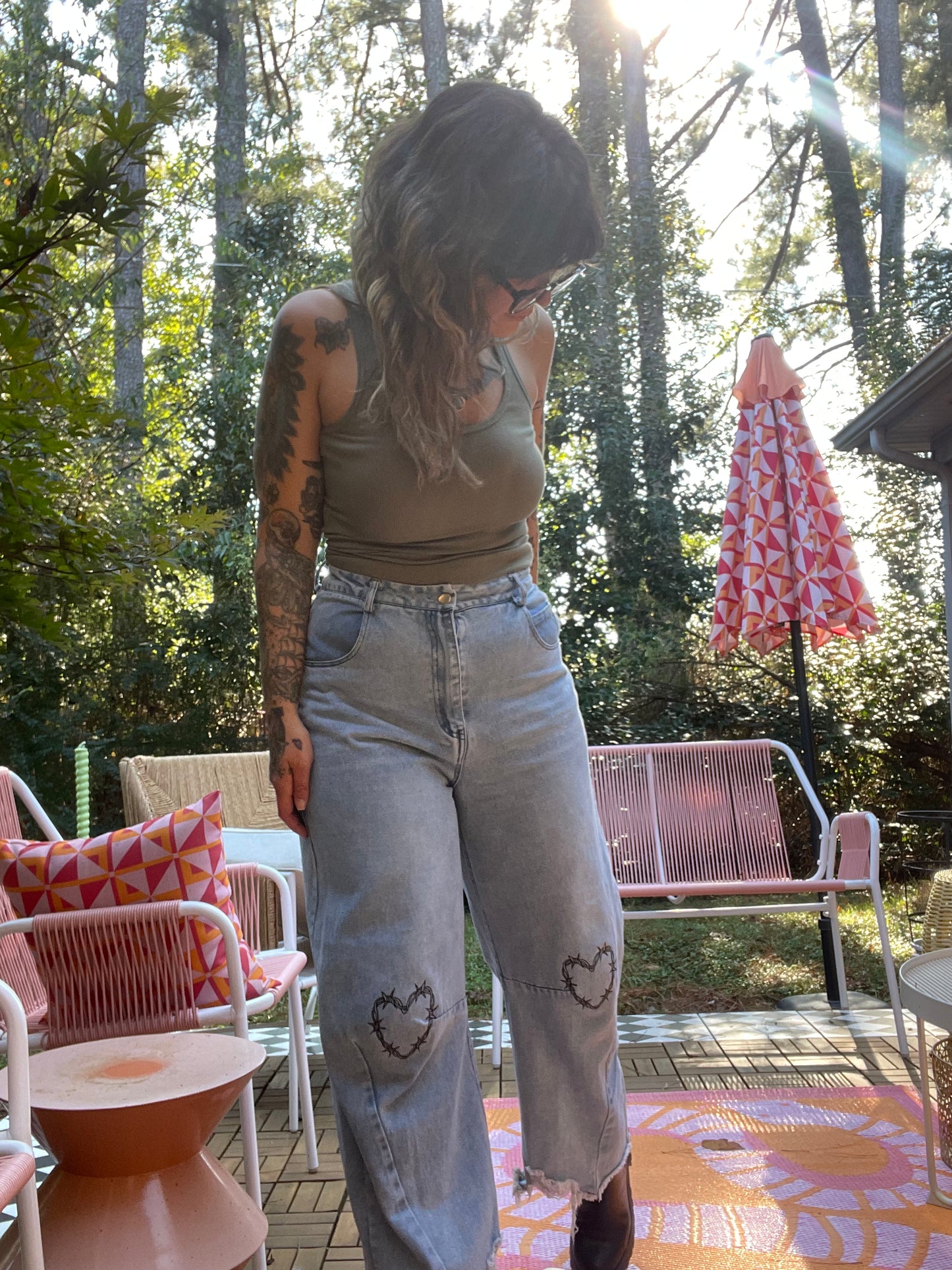 Embroidered Knees Upcycled Denim Barrel Jeans